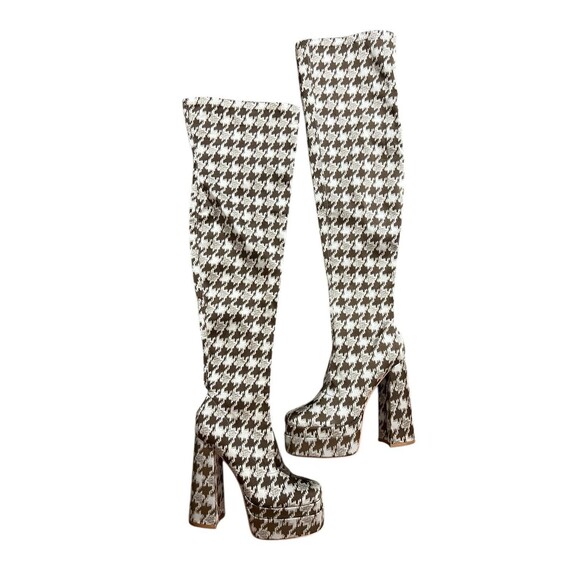 Fashion Nova Houndstooth Don't Take It Too Personal Over The Knee Boots Platform - Picture 1 of 14